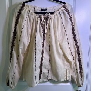Breckenridge Women's Cream Embroidered Tunic Blouse Tie Neck Long Sleeve Size 12